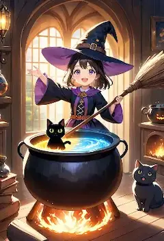 夕陽に染まる魔女の塔と魔法の鍋