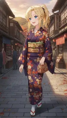 紅葉舞う宿場町で微笑む金髪の少女