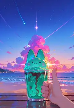 流星雨と猫ソーダのビーチナイト