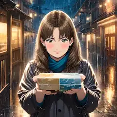 雨の夜に箱を差し出す少女
