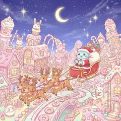 お菓子の街を駆けるサンタ猫の夜