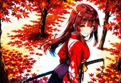 紅葉舞う森で微笑む、赤き剣士