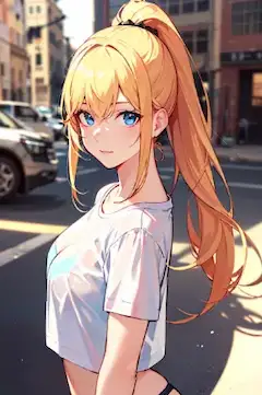 透けTシャツ金髪ポニーテール