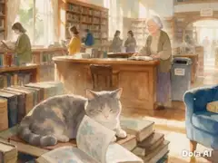 本の山で眠る図書館の猫