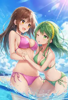 夏の海で笑顔の二人