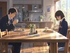 朝の光に包まれる静かな食卓