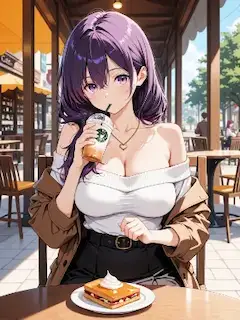 紫髪の美女、カフェの甘い休息