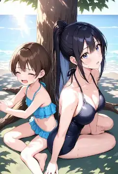 夏のビーチの姉妹