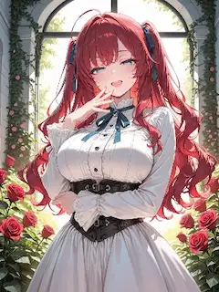 薔薇の庭で微笑む赤髪の少女