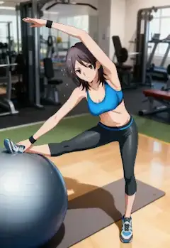 バランスボールで汗をかいてストレッチする高橋先生