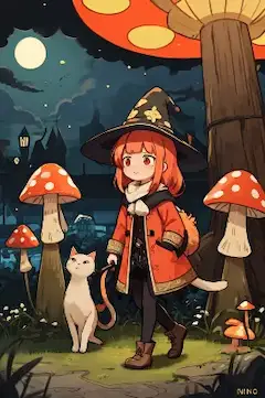 月夜のキノコ森をゆく小さな魔女