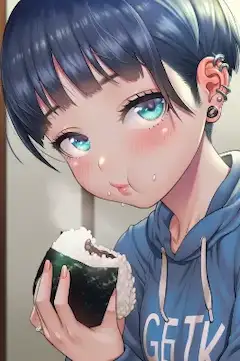 おにぎりを頰張る青い瞳の少女