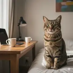 仕事部屋の守護猫と朝のひと時