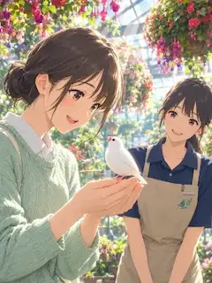 白い文鳥と花の温室で過ごす午後