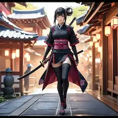 夕暮れの寺町をゆく女剣士