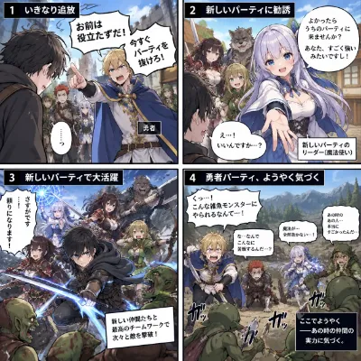 追放もの作品でありがち展開四コマ