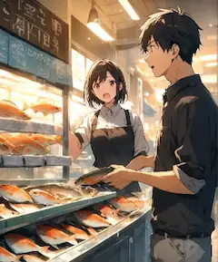 近所の商店街で一緒に買い物をする夫婦