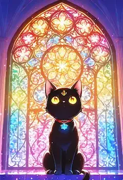 古い聖堂で虹の光を浴びる黒猫