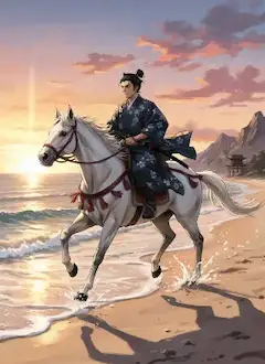 夕陽に駆ける白馬の侍