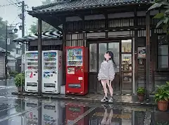 雨の街角で空を見上げる少女