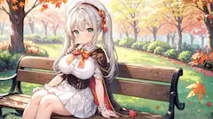 紅葉のベンチで微笑む銀髪の少女