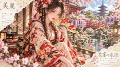 桜の水辺で扇を手に