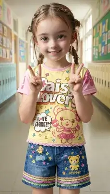 カラフルロゴTシャツとデニムショートパンツのくまさんコーデ