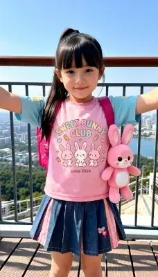 バイカラーTシャツ with お気にのぬいぐるみ新学期はりきりコーデ