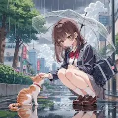 雨の街で猫を撫でる少女