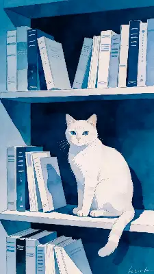 本棚に座る白い猫／スマホ壁紙アーカイブ
