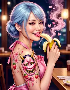 バナナを食べる青髪美女