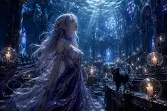 幻想の聖堂に立つ銀髪の美女