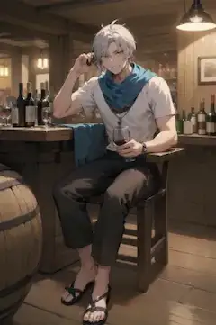 バルでワインを飲む海賊の男（じつは人狼）