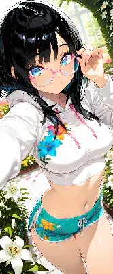 ピンクのメガネと花柄の夏服