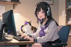 三毛猫の相棒と夜のオンライン冒険