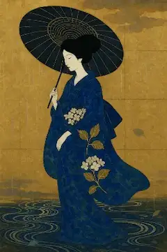 金色の雨に佇む青い着物の乙女