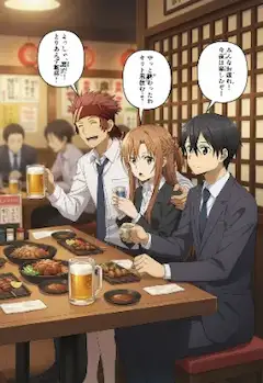 仕事を終えて打ち上げするアスナとキリトとクライン