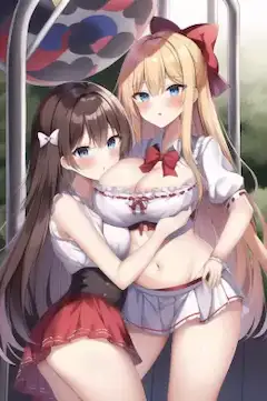 金髪リボンちゃんの巨乳にほっぺをあてる黒髪ちゃん
