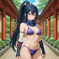 神社回廊に立つ紫の水着少女