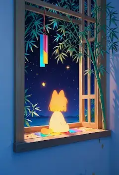 夏の夜、窓辺で星を眺める光の猫