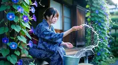 瑠璃色の涼：縁側の朝顔と水の記憶