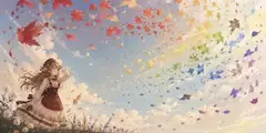 虹色の落ち葉が舞う空と少女