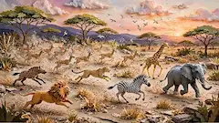 夕陽のサバンナを駆け抜ける命の競走