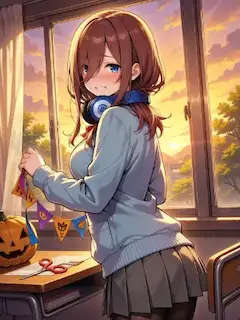 夕陽に染まる教室でのハロウィン準備
