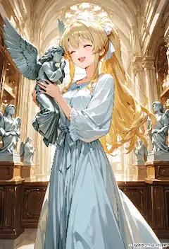 大聖堂で天使を抱きしめる少女