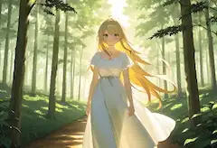 陽光の森を歩く金髪の少女