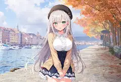 紅葉の運河で微笑む銀髪少女