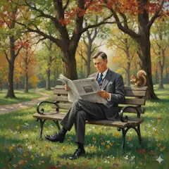 公園のベンチで新聞を読む男性２