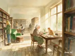 猫と過ごす、図書館の午後のひととき