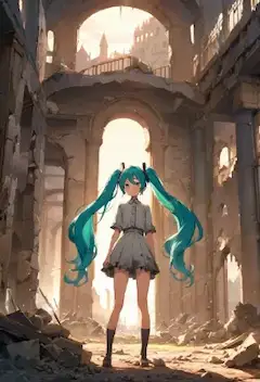 少女と夕焼けに染まる朽ちた古城その２